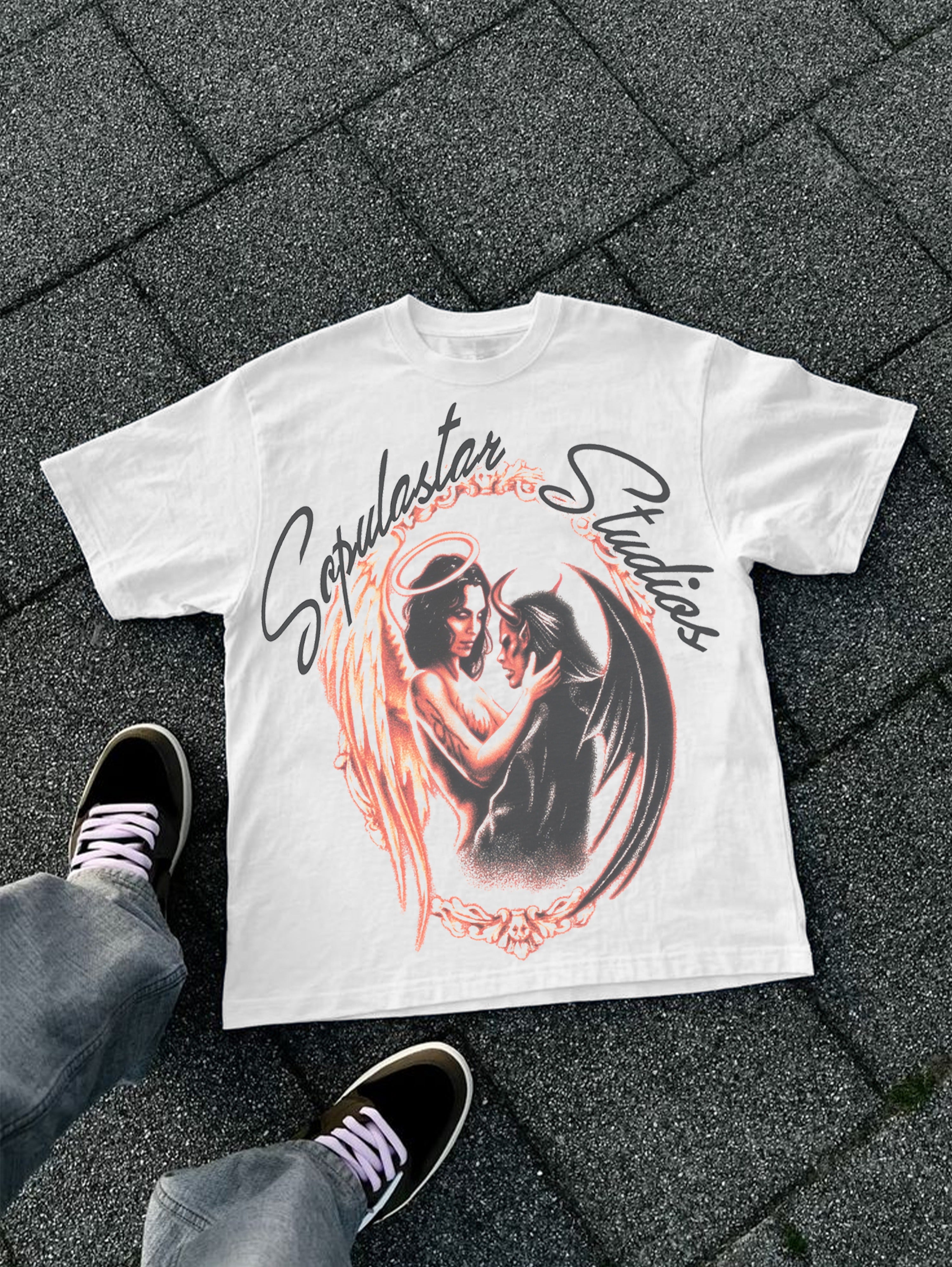 Vintage Angels And Demons Graphic Cotton T-shirt